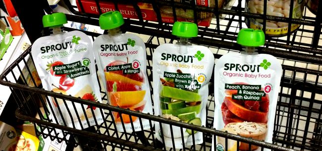 sprout baby food packages in a shopping cart