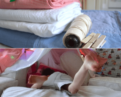 Two images of fort made by towels and blankets.