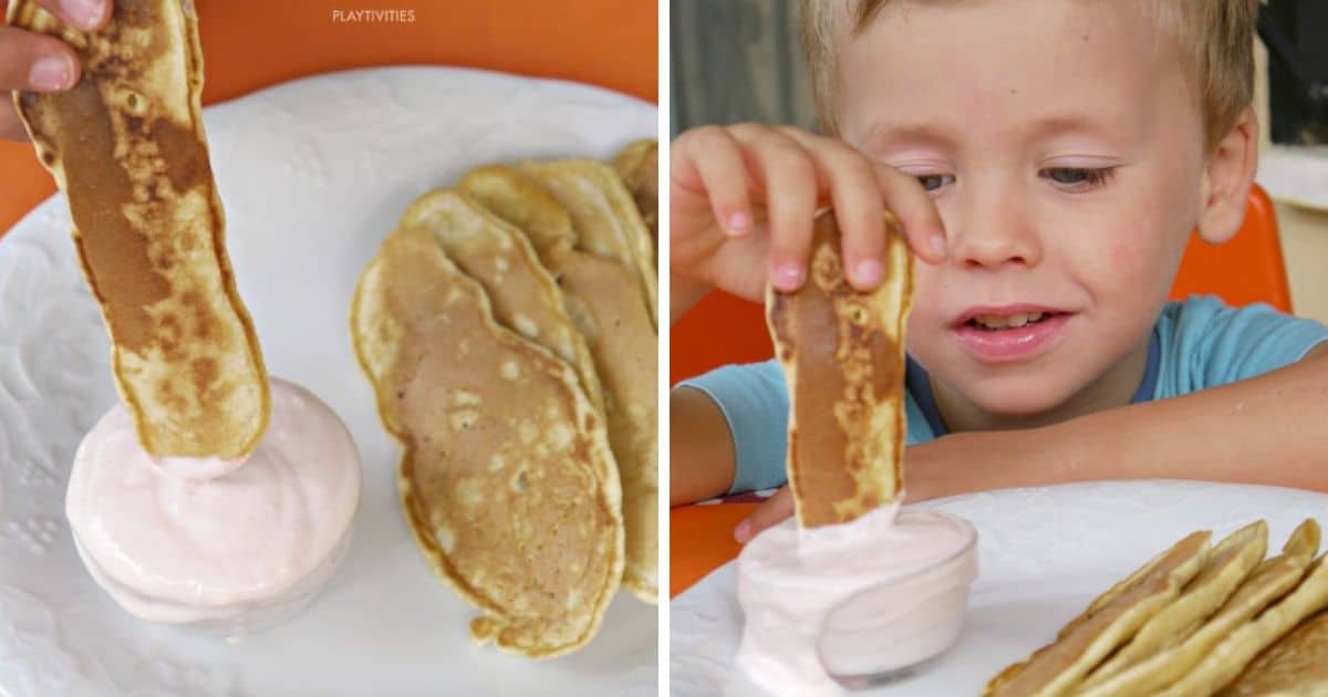 Two images of pancake dippers with yogurt on a plate.