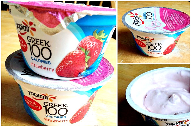 Three images of strawberry yogurts.