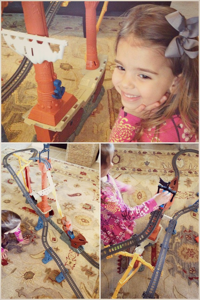 3 images of young girl playing with Thomas the train toy.