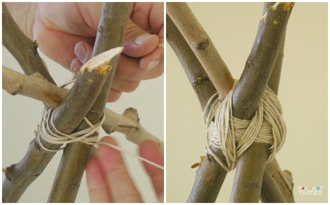 2 images how to tie teepee sticks.