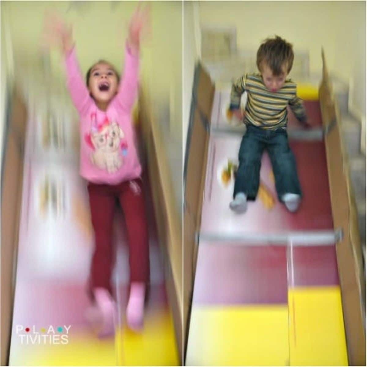 Kids sliding on a cardboard slide.