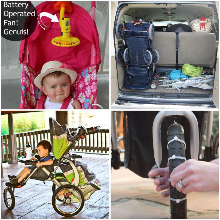 4 images of stroller hacks.