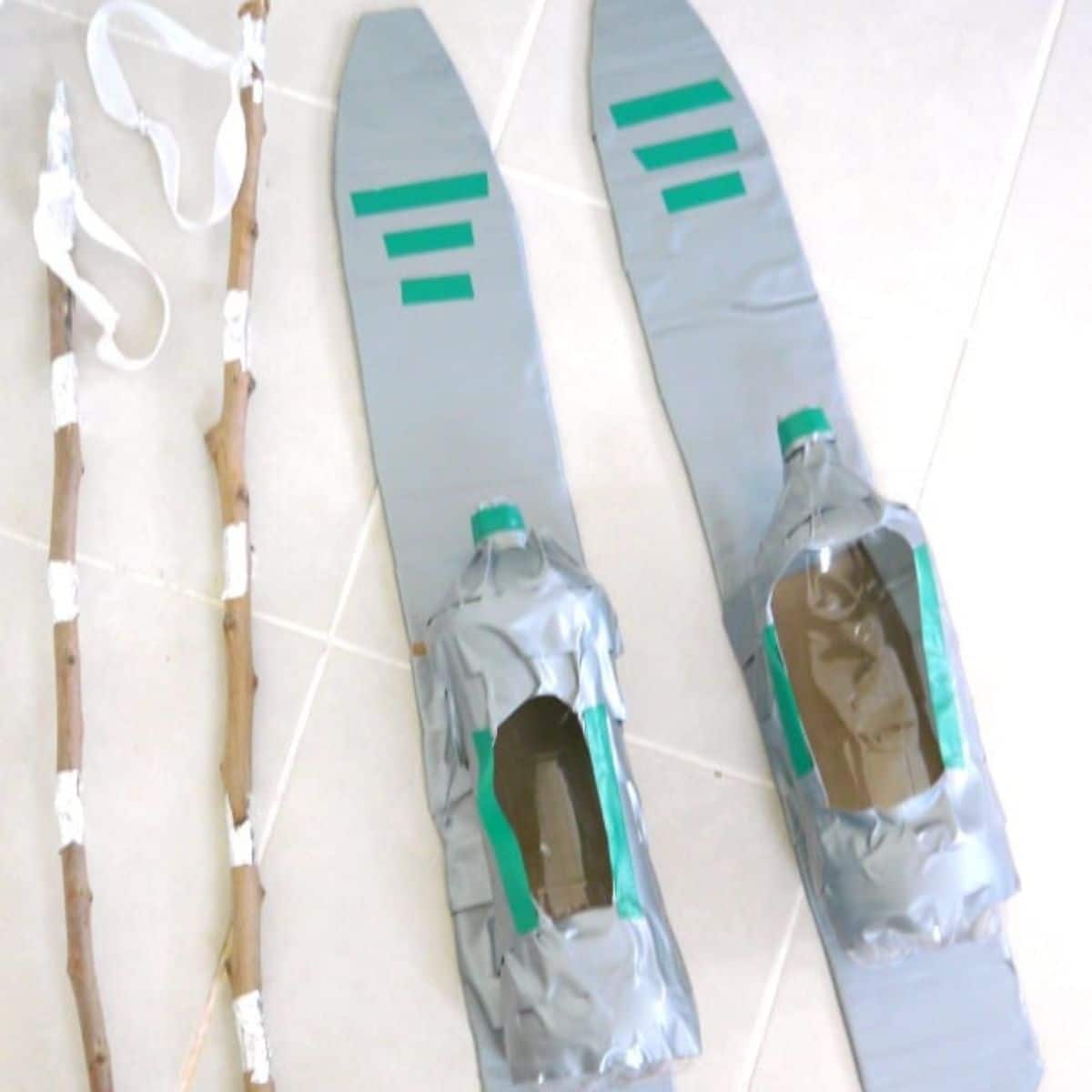 Homemade cardboard skis.