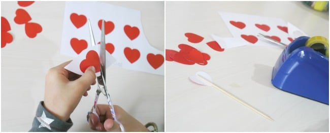 Two images of making paper hearts.