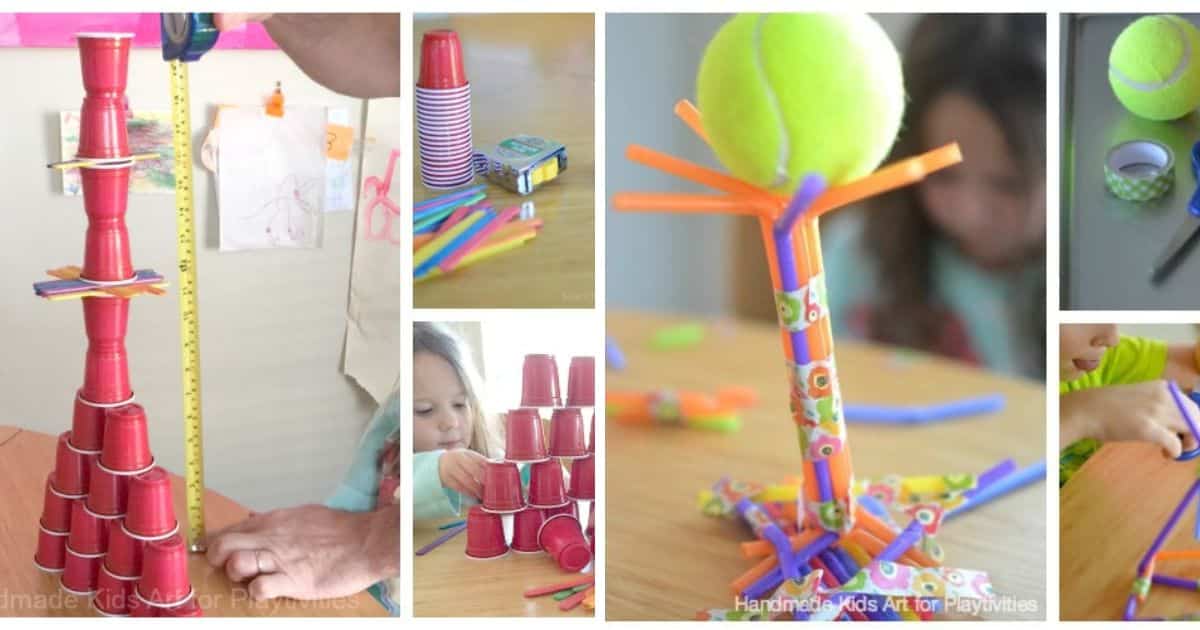 Multiple images of stem challenges for family game night.
