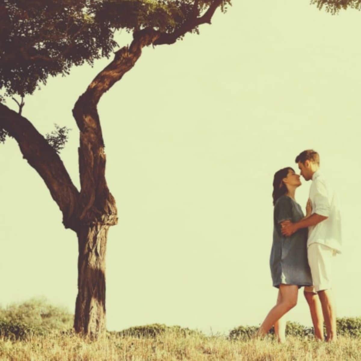 Young couple holding eachother under a tree.