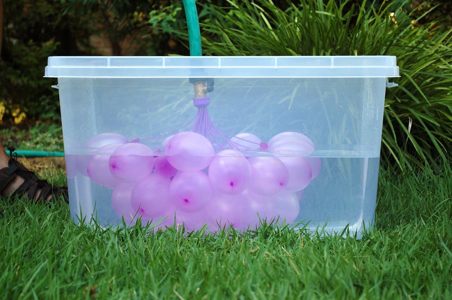 Plastic container full of water and water balloons on a green grass
