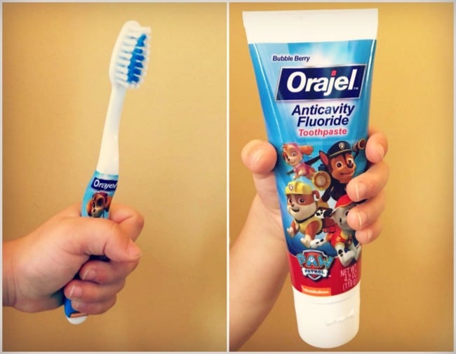 Image of hand holding a toothbrsh and image of han holding a orajel toothpaste.