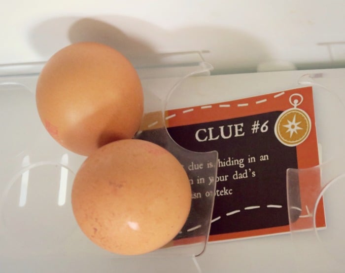Treasure hunt clue card under eggs.