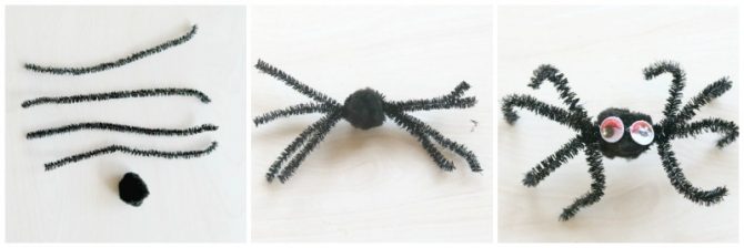 Three images of diy spider for spdier bowl game.