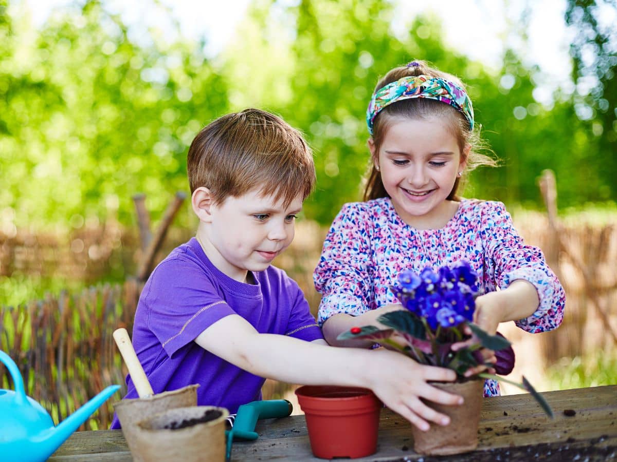 Two kids planting a flower into a pot .