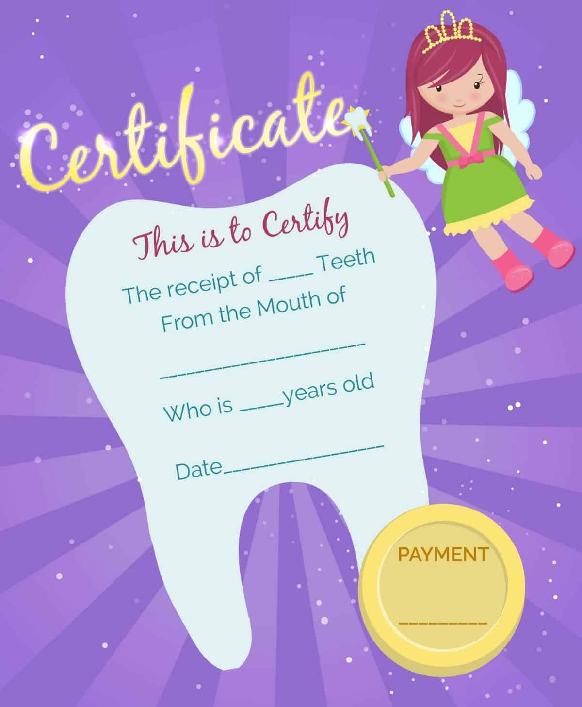 Tooth Fairy cetificate poster.