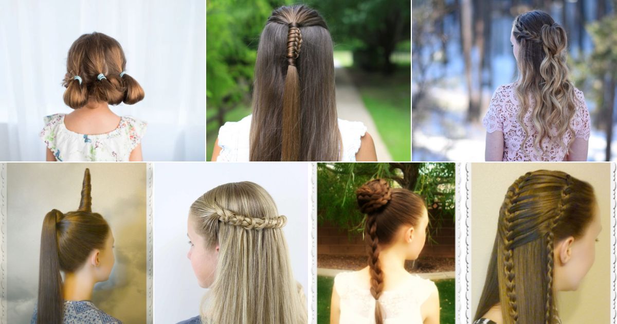 7 images of adorable ling hair hairstyles for girls.