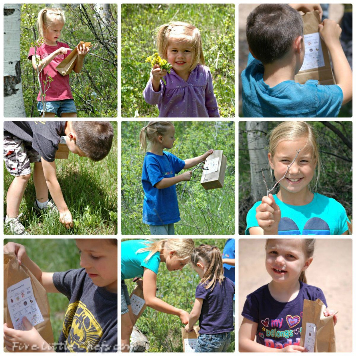 Collage of children playing a scavenger game outdoor.