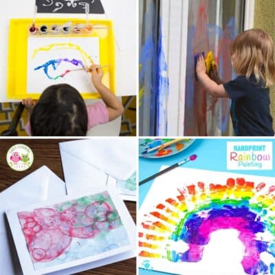 4 images of painting activities for kids.