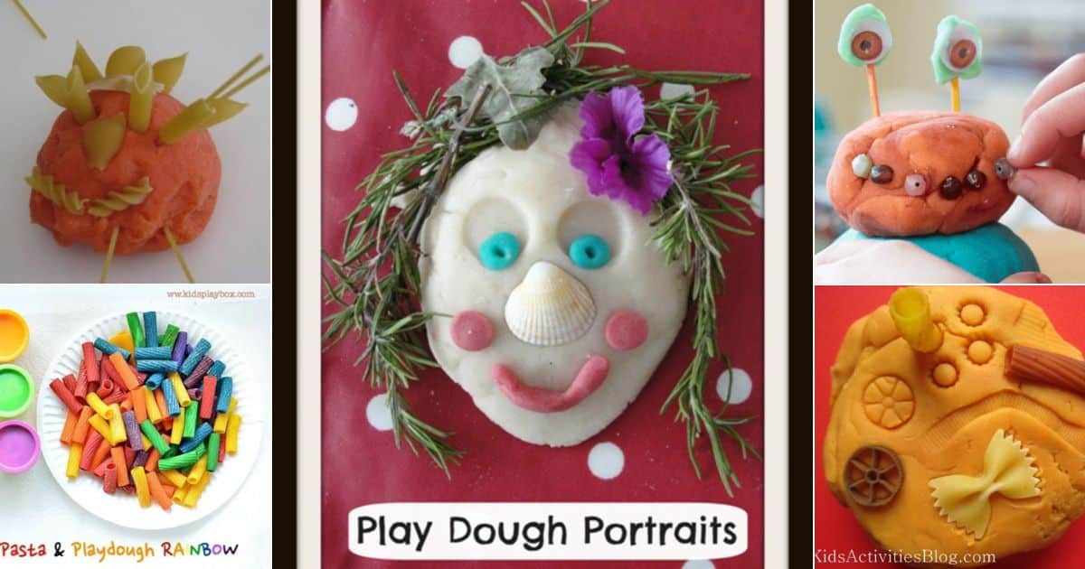 5 images of creative playdough activities with pasta
