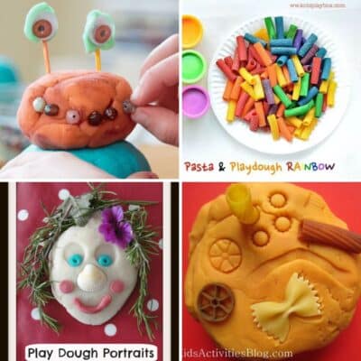 4 images of creative playdough activities with pasta
