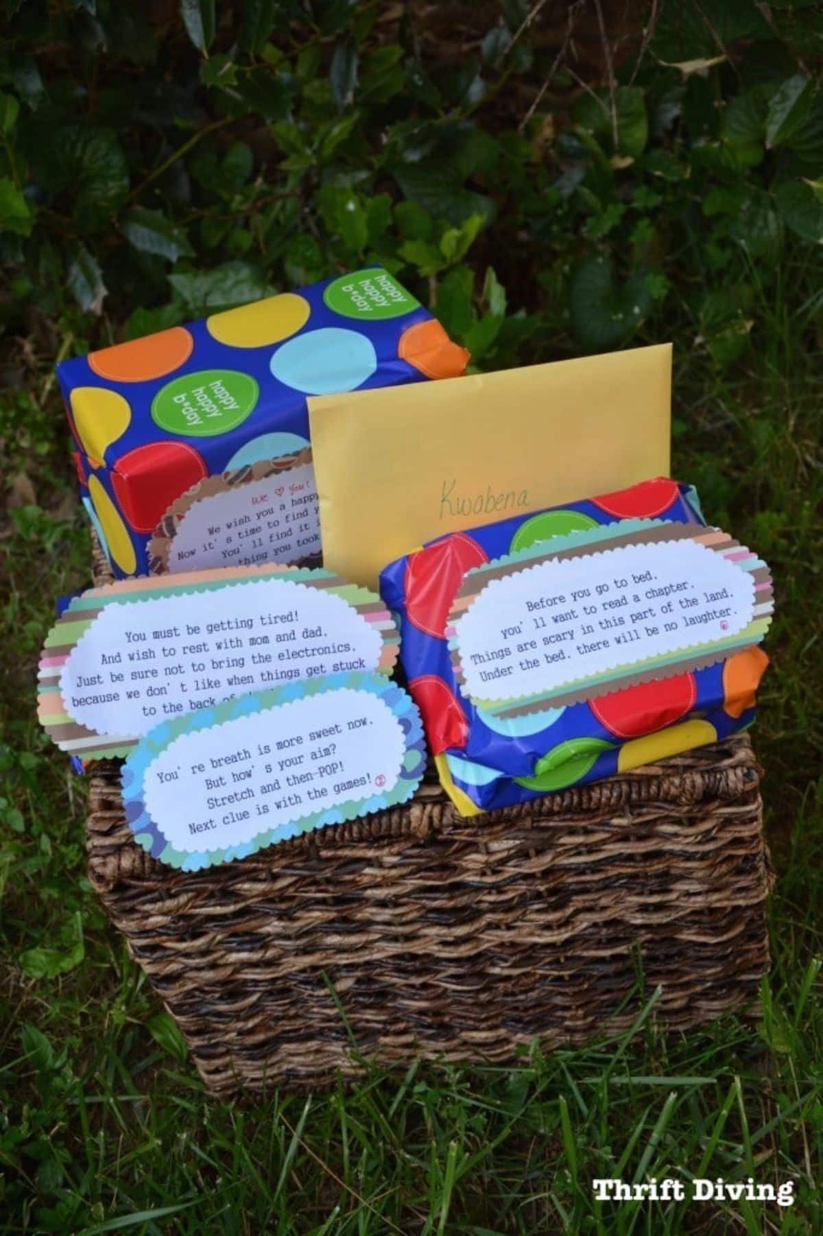 Basket full of scavenger hunt gifts with cards with instructions.