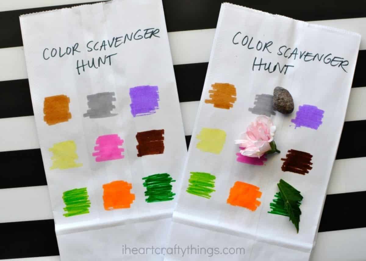 Two paper sheets with color scavenger hunt instructions.