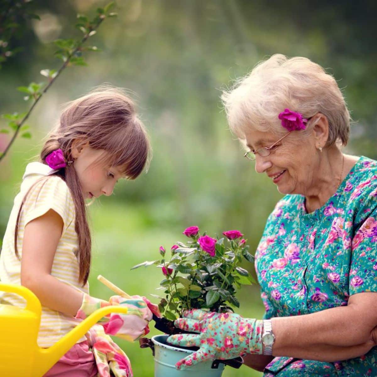 Young girl helping an elderly woman plant flowers.