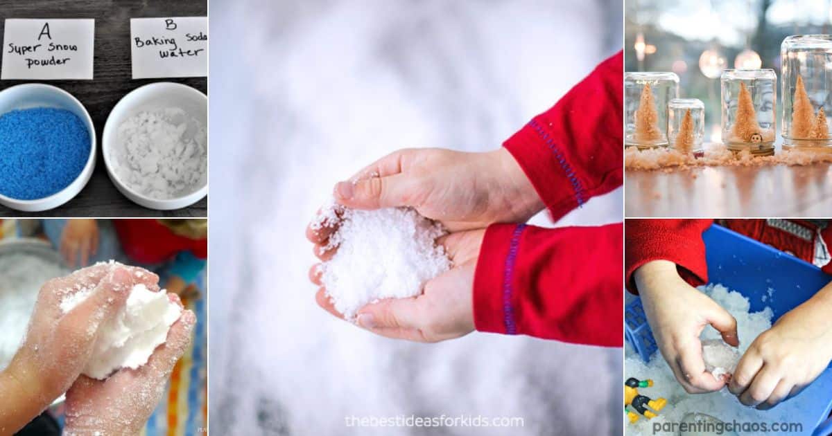 5 images of fake snow recipes for kids.