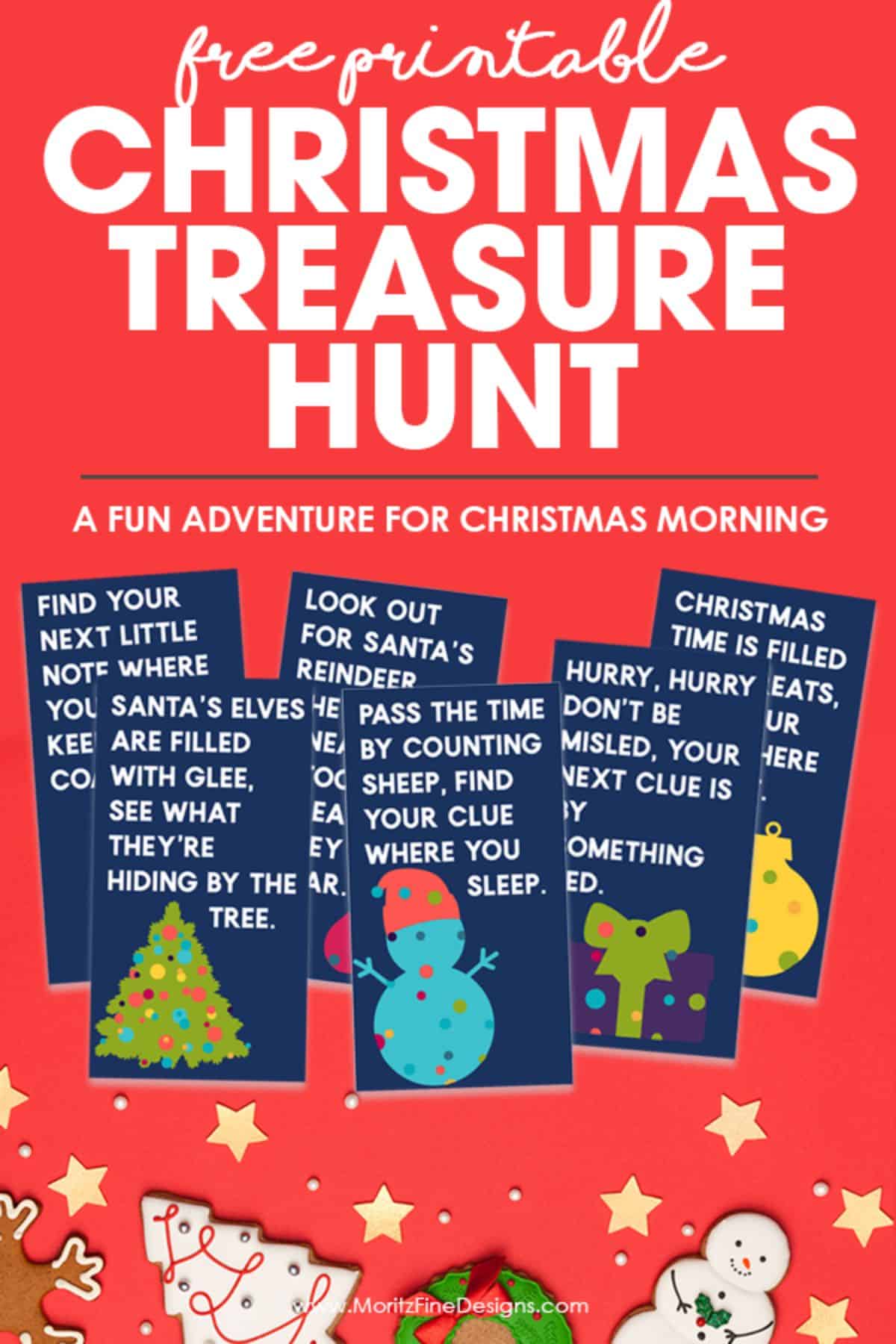 Christmas treasure hunt poster with bunch of clue cards.