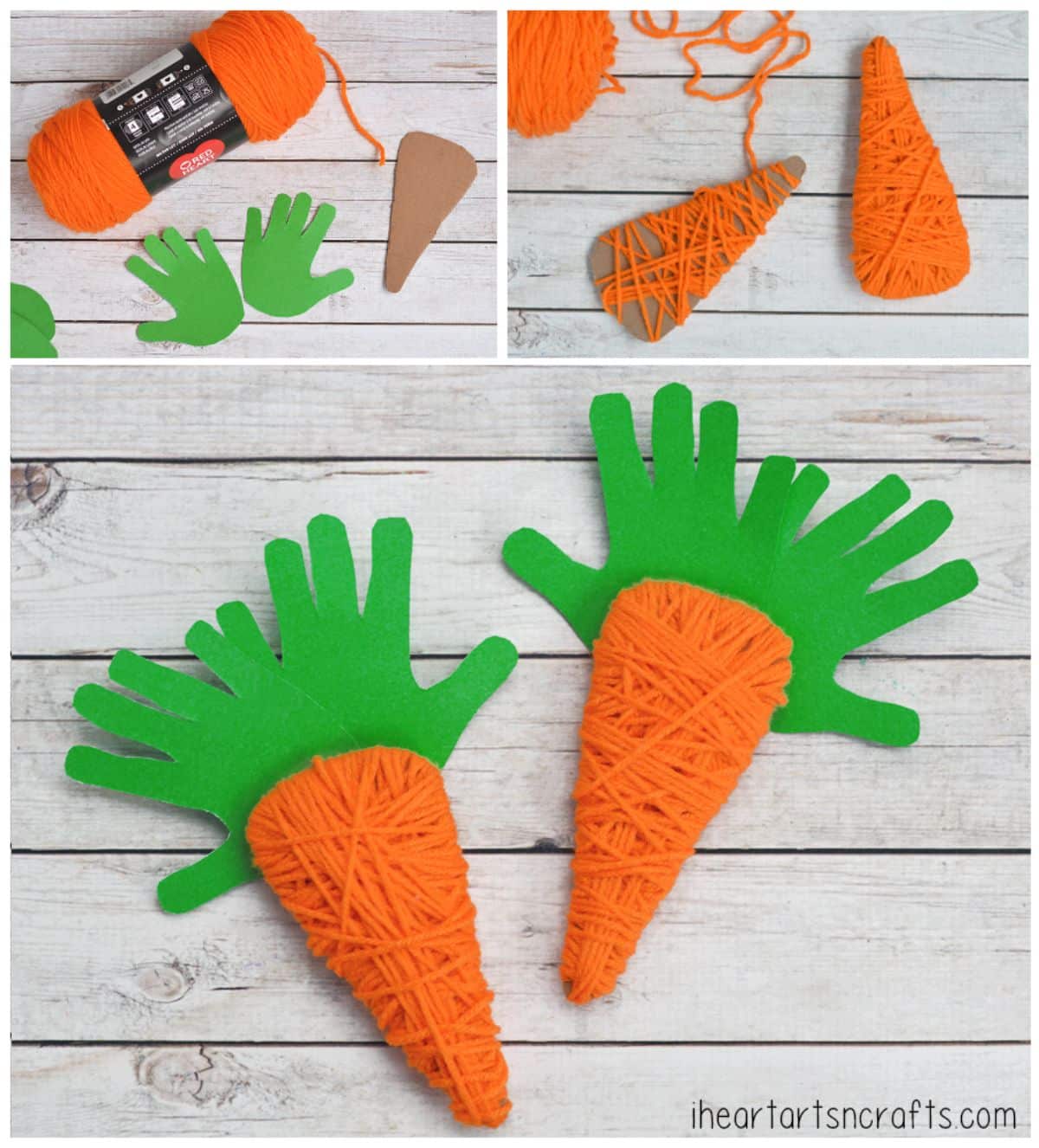 3 images of Yarn Wrapped Handprint Carrot Craft on a wooden table.