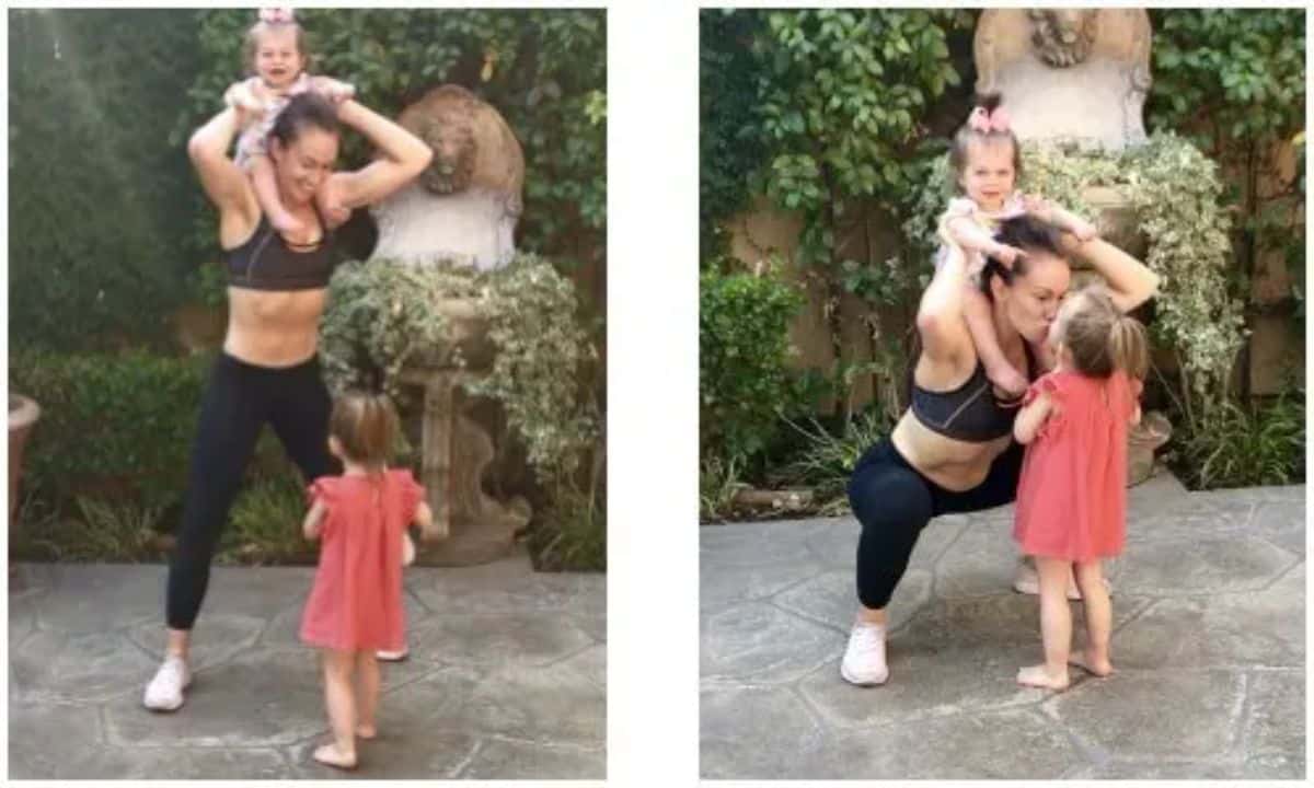 Two images of a fit mom working out with her kids outdoor.
