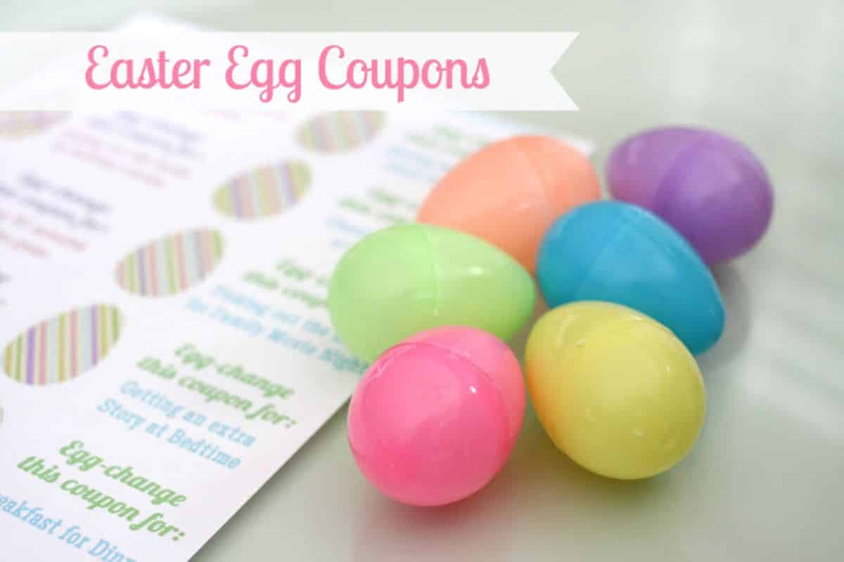 Colorful easter eggs next to printable easter egg coupons.
