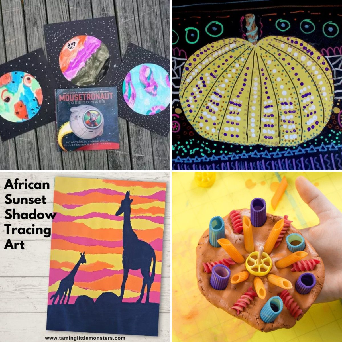 4 images of fascinating art projects for kids.