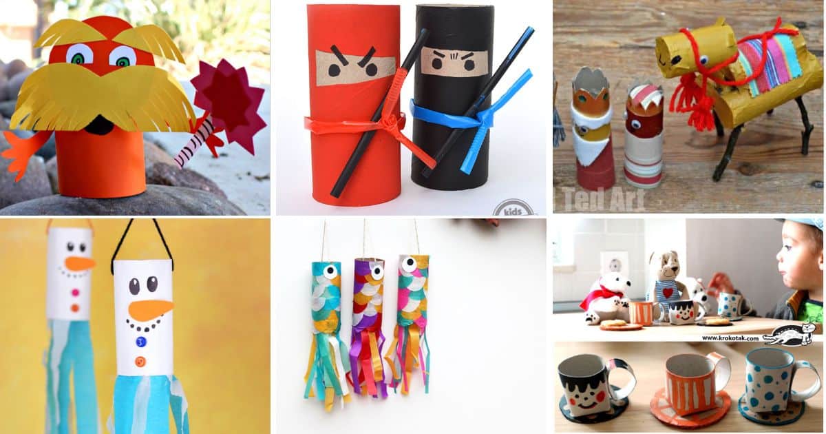 6 images of paper roll crafts for kids.