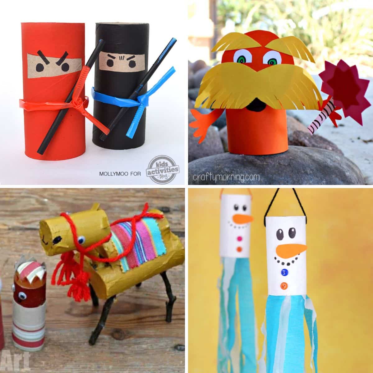 4 images of papaer roll crafts for kids.