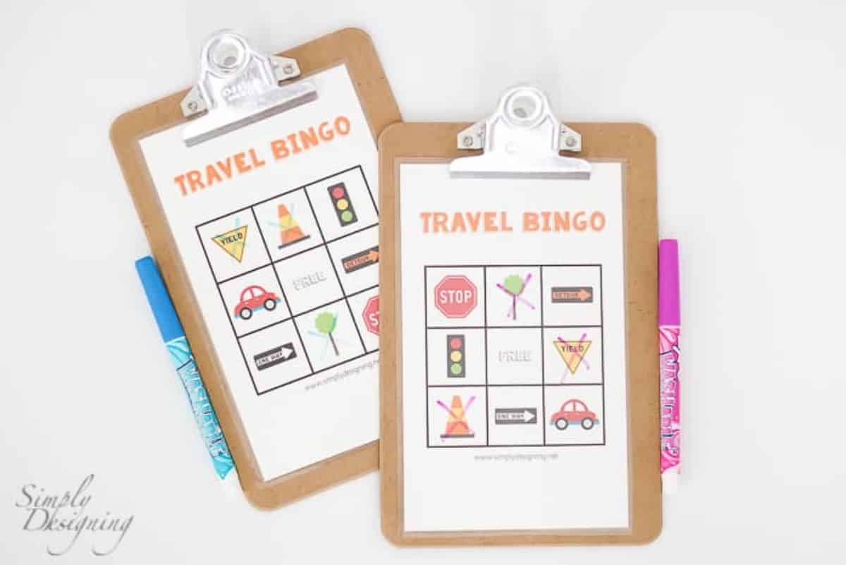 Travel bingo sheets with pencils.