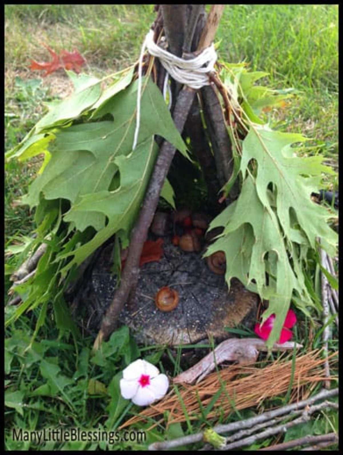 Teepe style fairy house made from natural items on a grass.