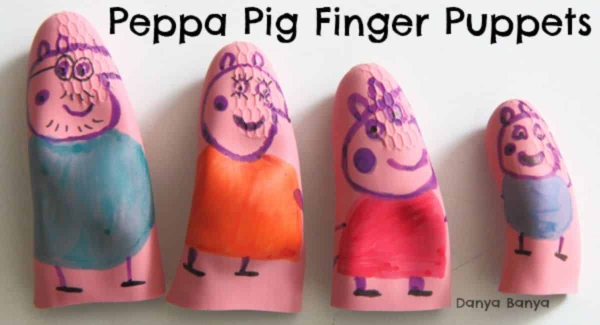 Peppa pig finger puppets made from pink glove tips.