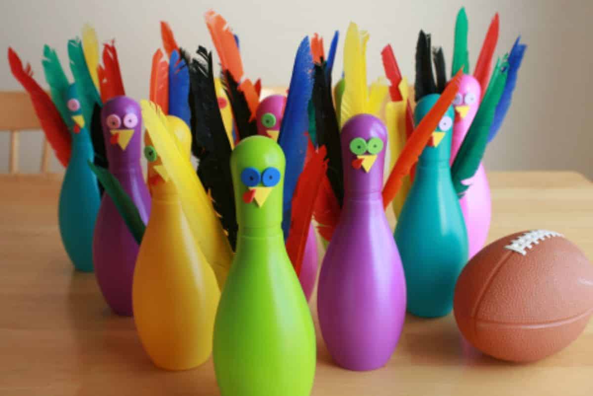 Colorful bowling skittles decorated as turkeys and a ball on the table.