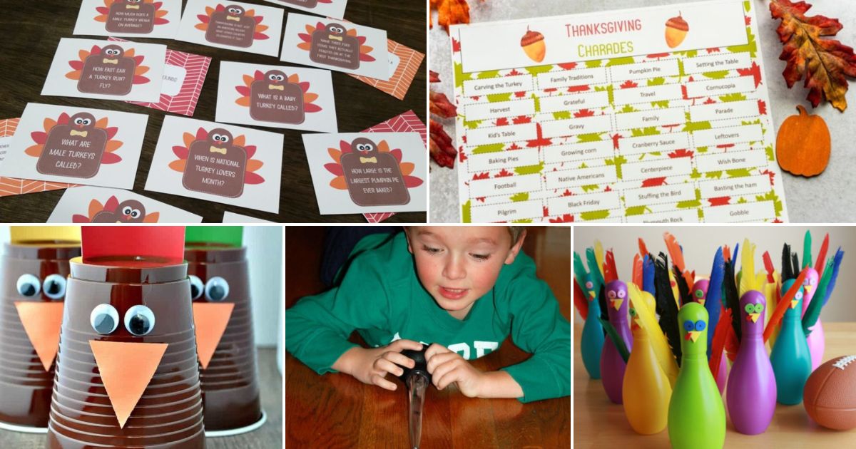 COllage of thanksgiving activities for kids and families