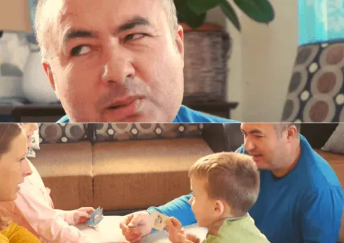 the top image shows a middle aged man looking confused. The bottom image shows a family around a table holding cards