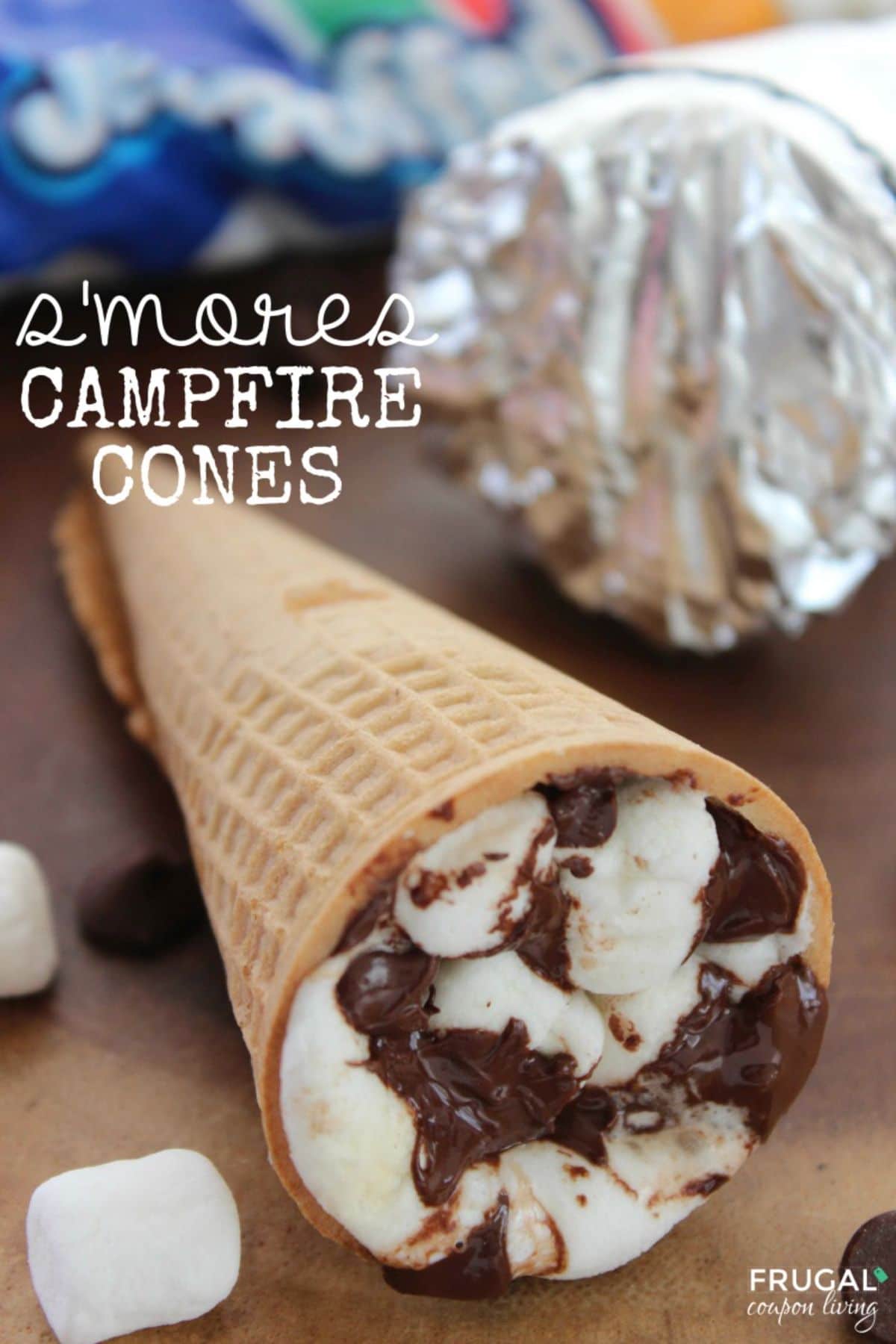 the test reads "Smores campfire cones" the image is of an ice-cream cone filled with chocolate and marshmallow