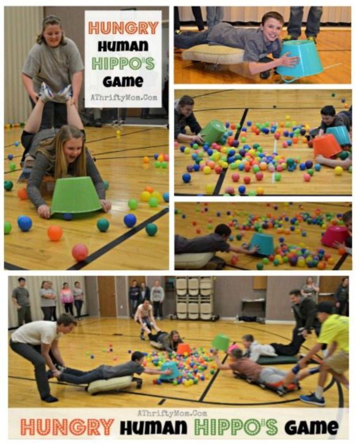 Seveeral pictures of a group of people playing hungry hippos, holding onto the legs of their partners and helping them collect ball pool balls with buckets.