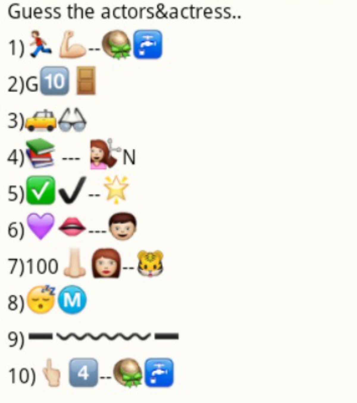 the text reads "Guess the actors and actress..." Then numbered 1 to 10 down the page are groups of emojis