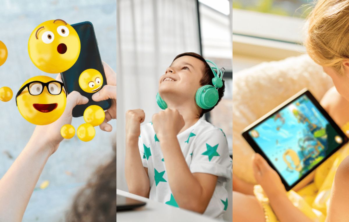 the image is split into 3. The first shows emojis bouncing in front of a phone. The second shows a boy in a green-starred shirt wearing headphones and looking up at the sky with his fists raised in victory. The third is a girl sat on a sofa playing a game on a tablet