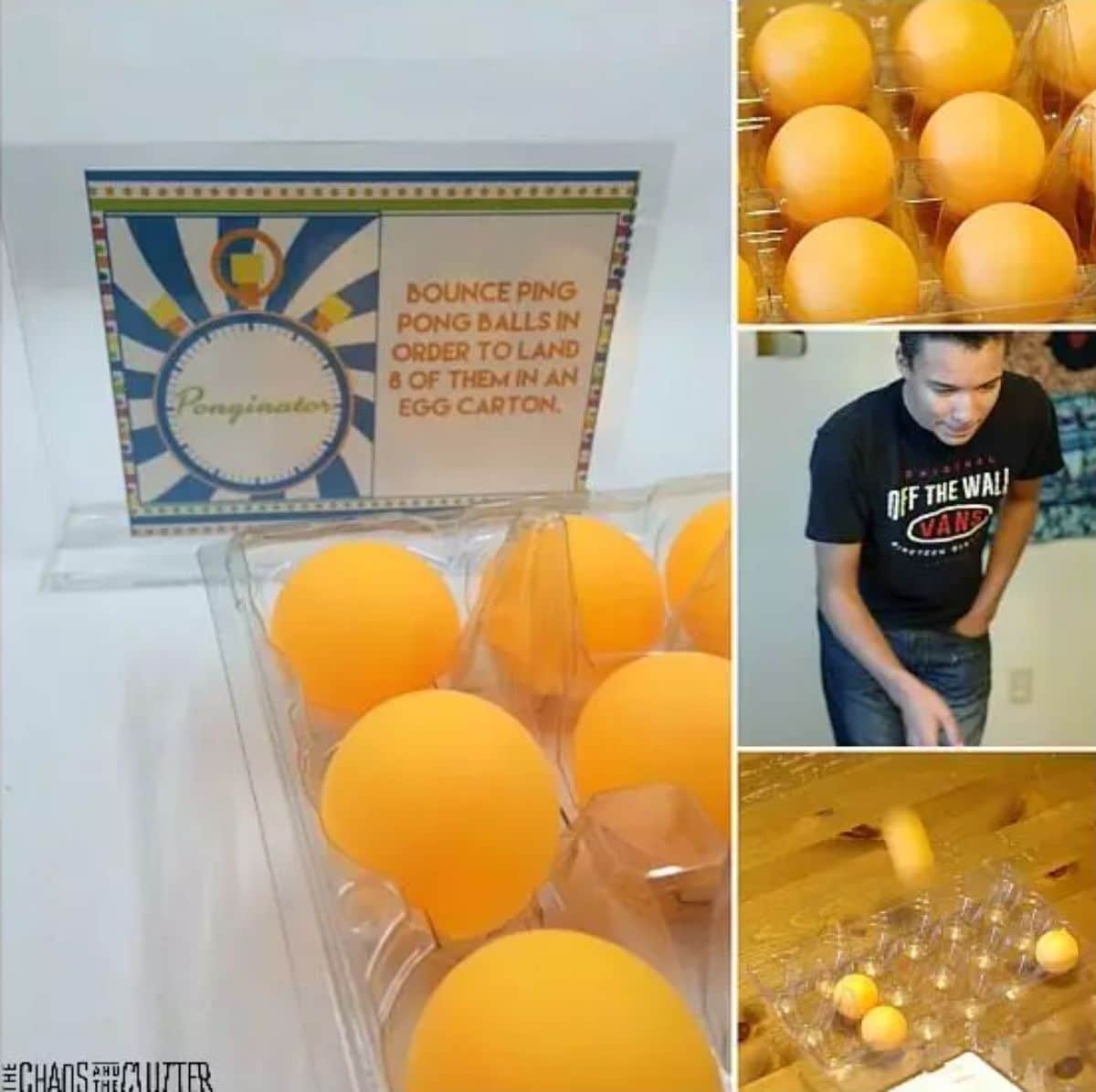 several photos show a plastic egg box full of orange ping pong balls, and a boy trying to bounce the balls into the egg box