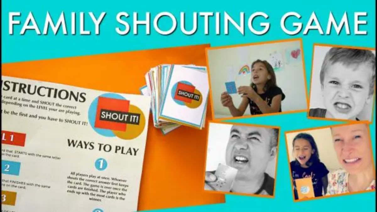 The text reads "Family Shouting Game" and the images are of a sheet of instructions and children making funny faces