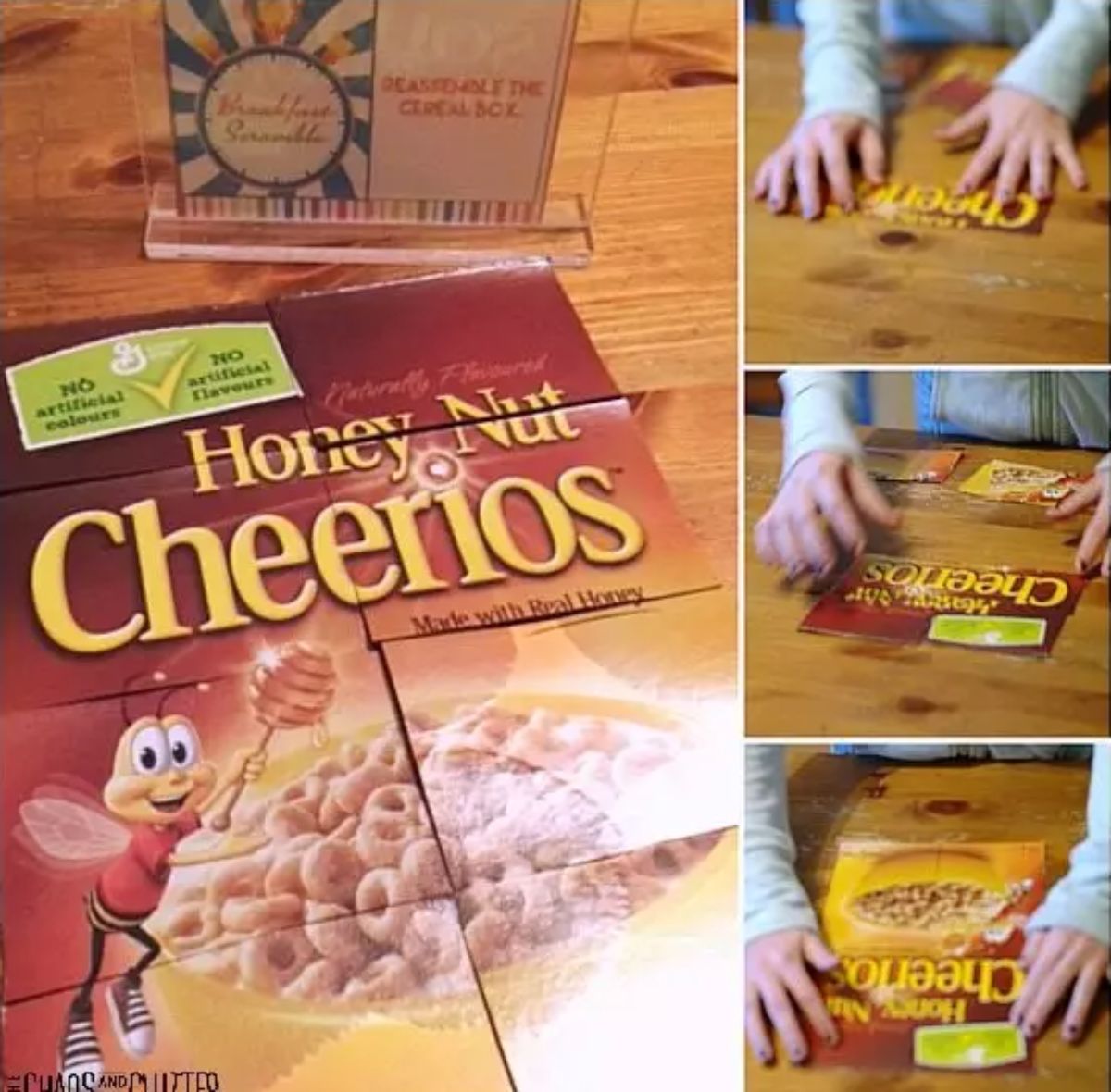 several photos show a child completing a jigsaw of a Honey Nut Cherrios box