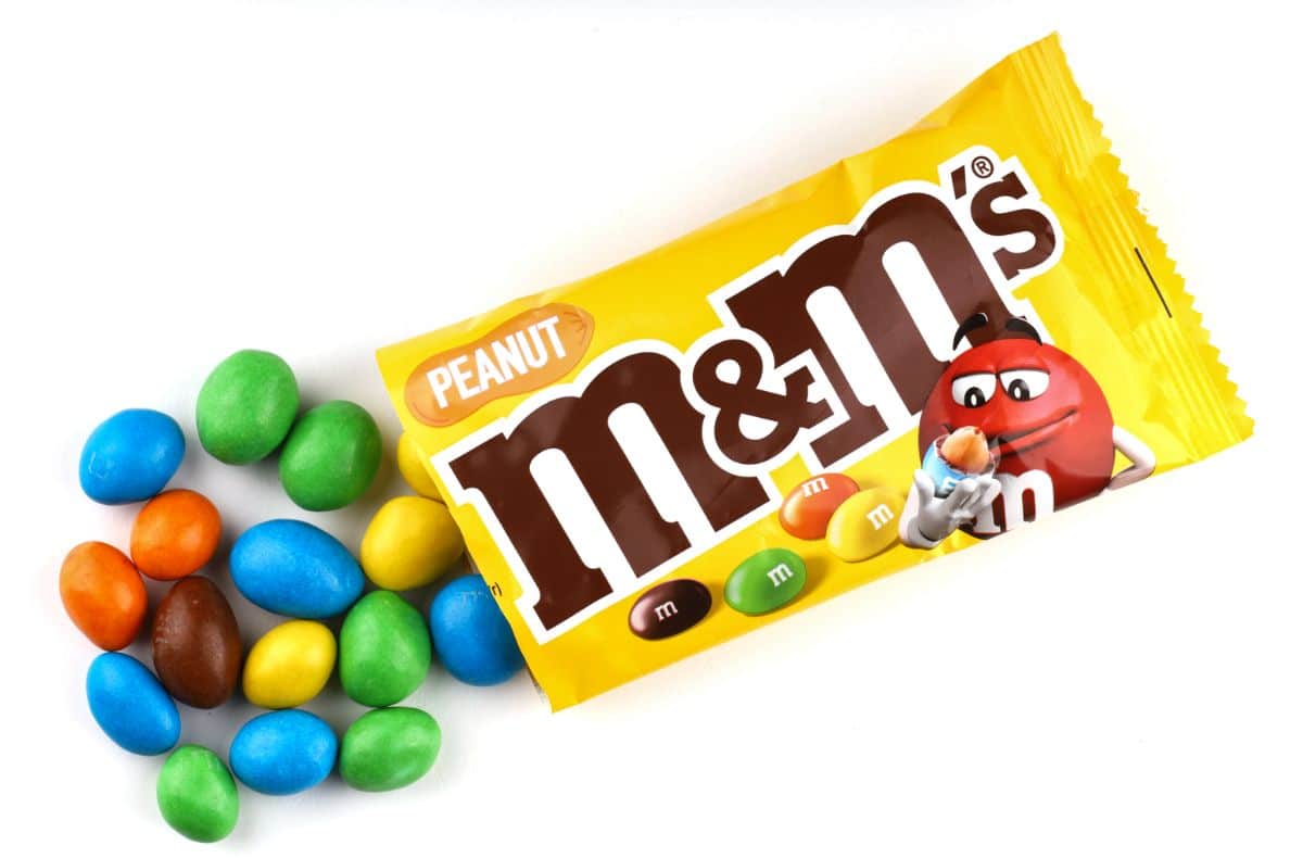 an open packet of m & m's