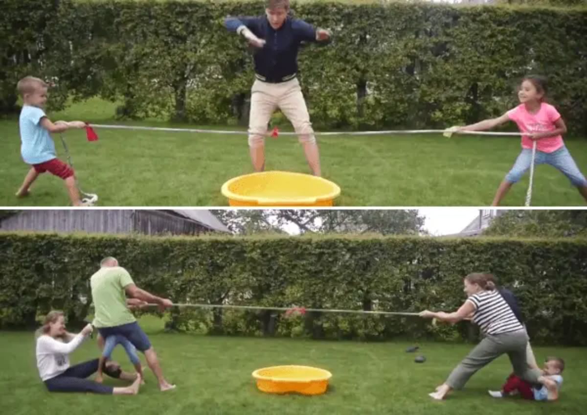 2 images of people playing tug of war over a kiddie pool