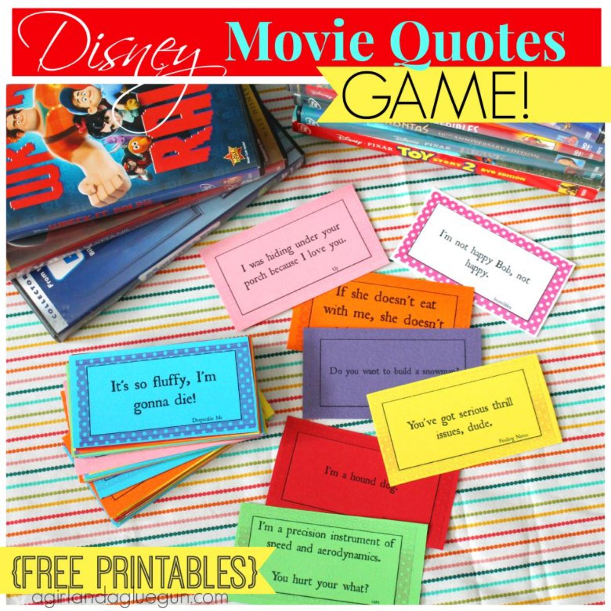 the text reads "Disney movie quotes game (free printables)" The image is a of a collection of cards with quotes from disney movies on them. Disney DVDs can be seen above them